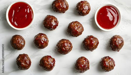 Delicious meatballs with ketchup and spices on light textured table, flat lay