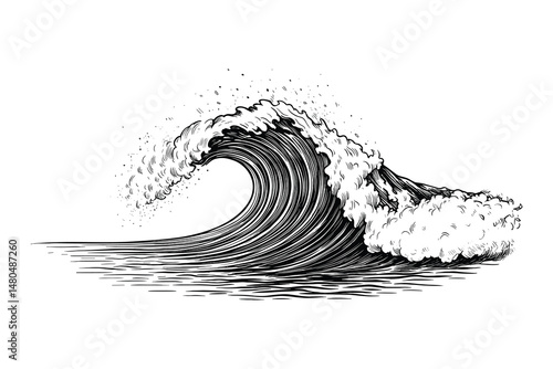 Ocean wave illustration detailed black and white for creative usage