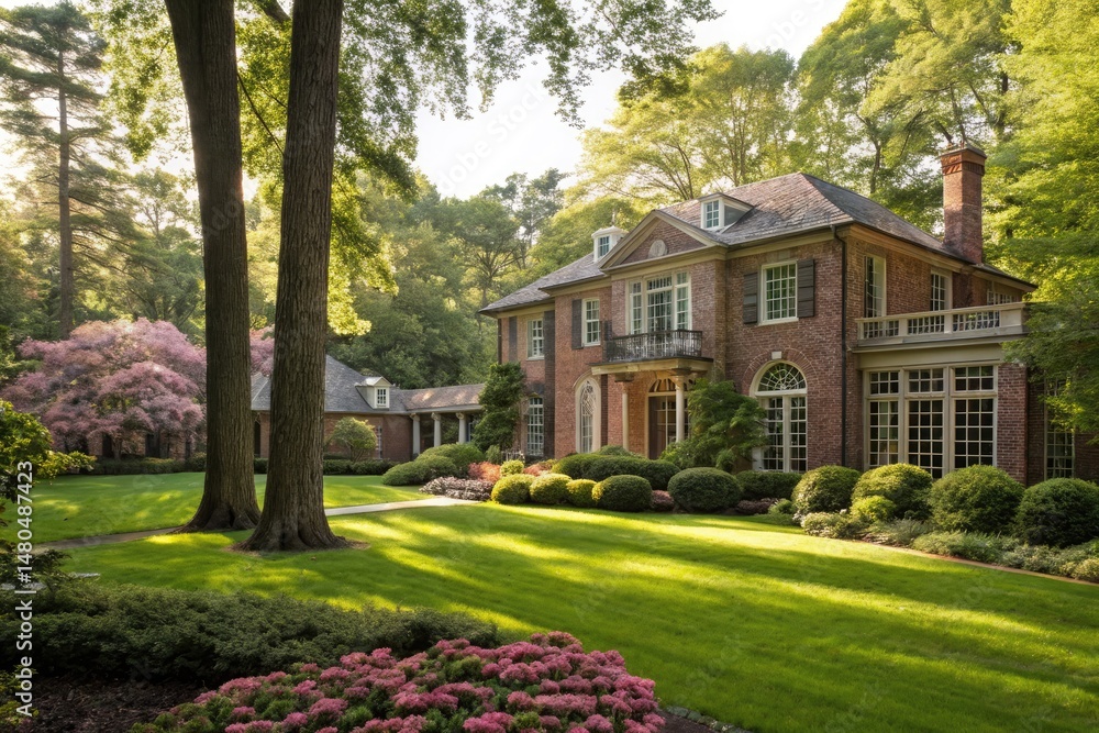 Naklejka premium Lush Greenery Surrounds a Majestic Brick Mansion Under Sunlight Generative AI