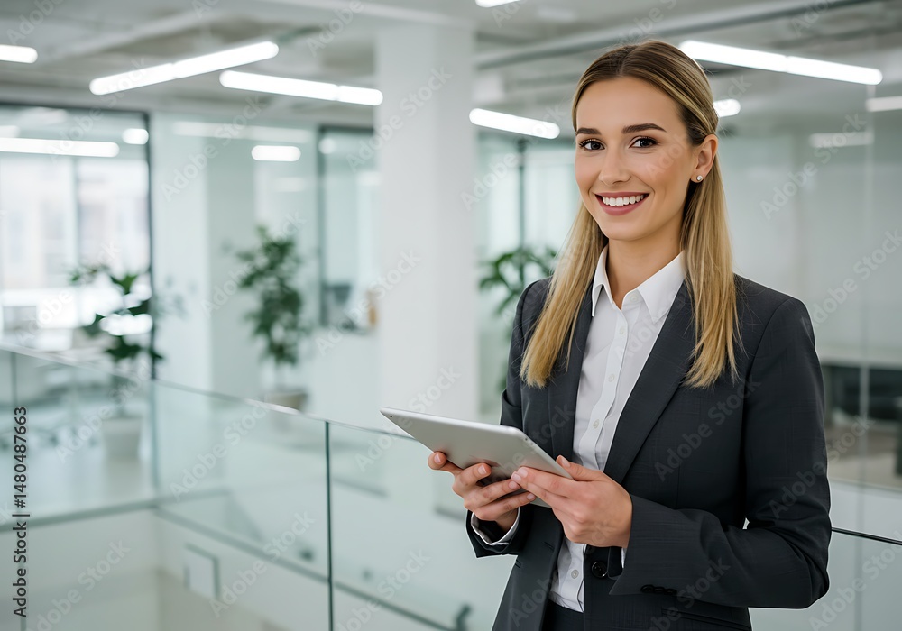 Smiling businesswoman holding a tablet in a modern office space Smiling businesswoman holding a tablet in a modern office space