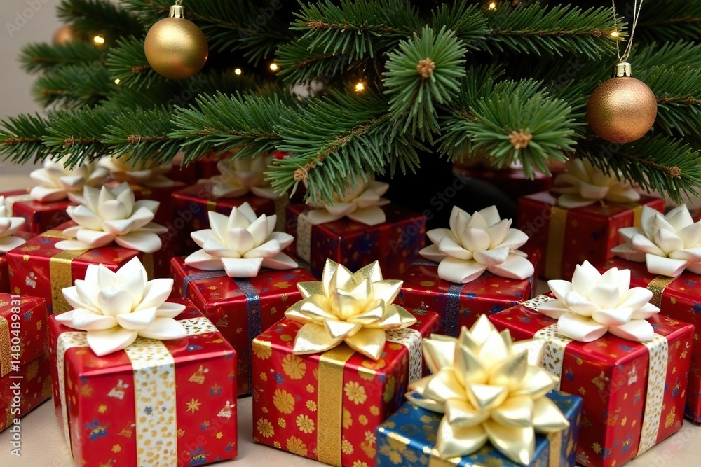 Vibrant gift boxes, satin ribbons, beneath decorated Christmas tree, home, paper, winter wonderland Vibrant gift boxes, satin ribbons, beneath decorated Christmas tree, home, paper, winter wonderland