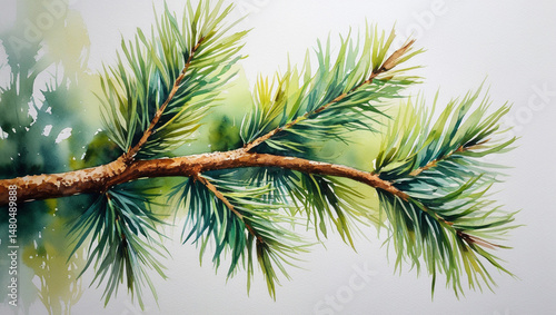 Watercolor painting of a detailed pine branch with lush green needles and brown bark
