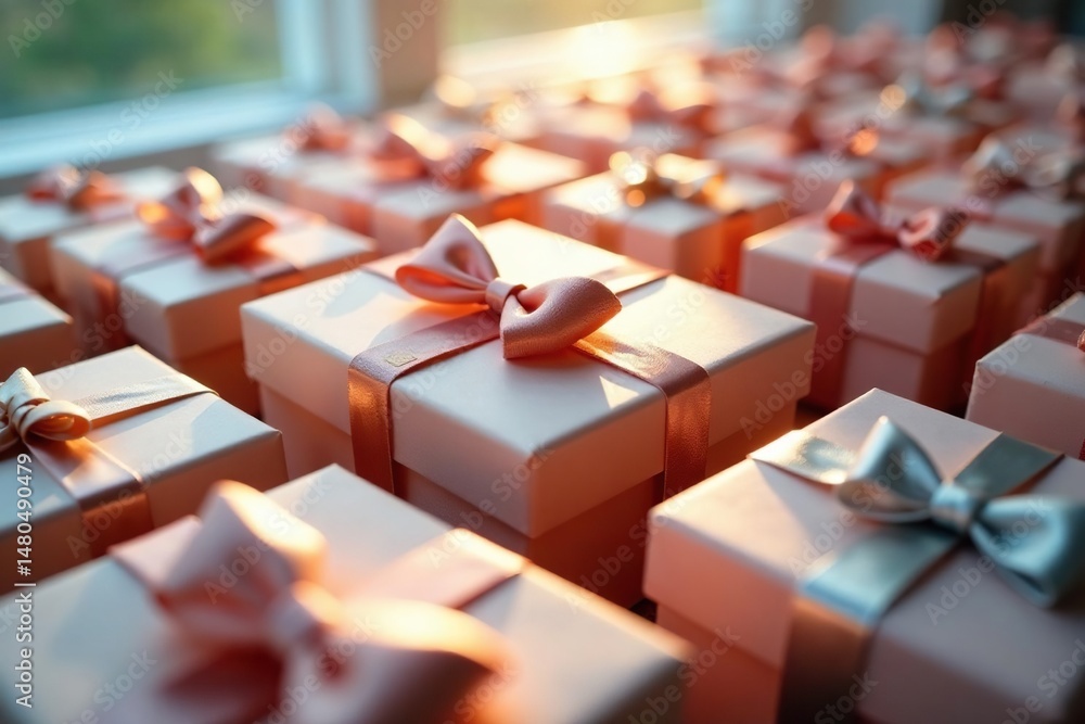 Obraz premium Array of vibrant gift boxes with shimmering satin bows bathed in soft light , soft light, illumination