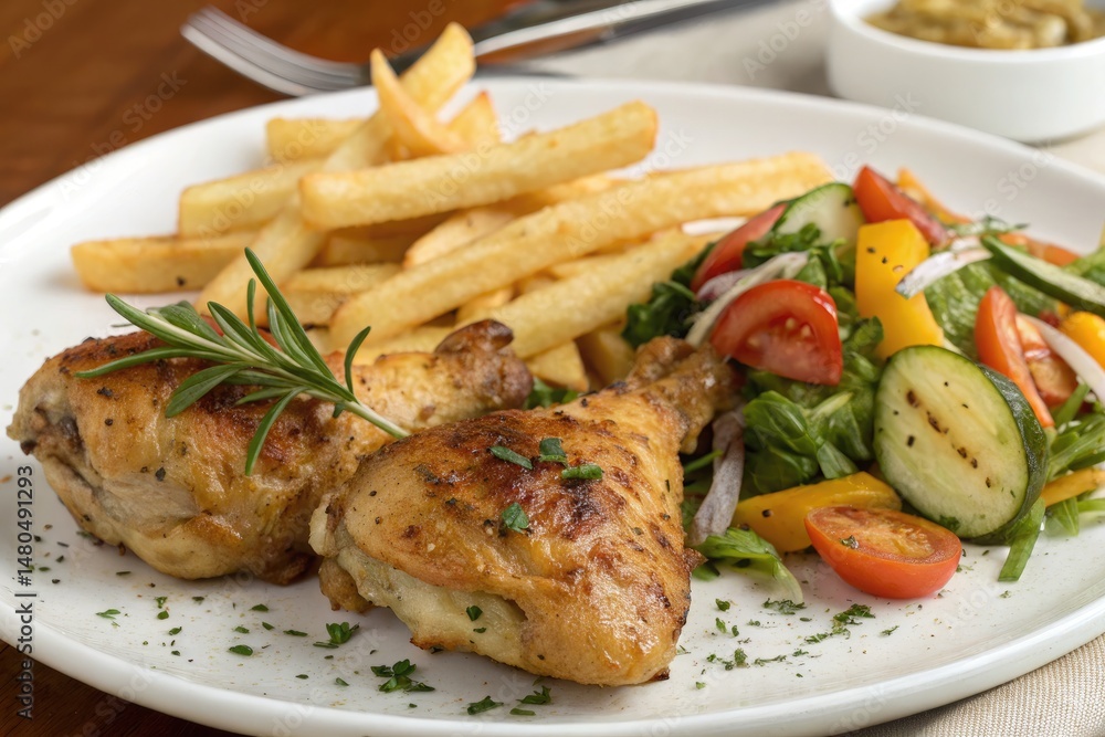 Pan Roasted Chicken Served With Crispy French Fries and Salad Generative AI Pan Roasted Chicken Served With Crispy French Fries and Salad Generative AI