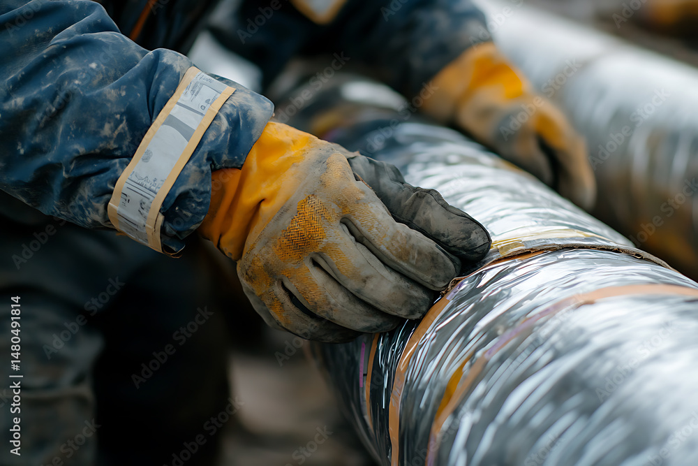 Worker Handling Large Industrial Pipe Worker Handling Large Industrial Pipe