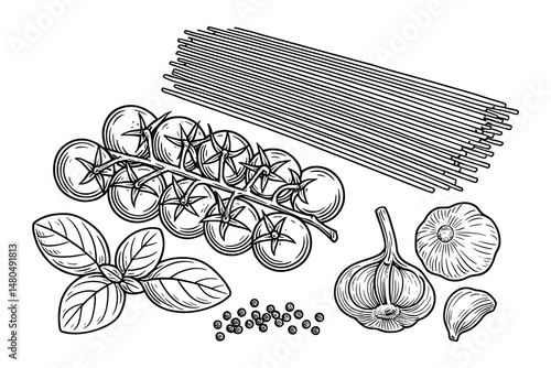 Line art featuring pasta, tomatoes, basil, garlic and peppercorns.