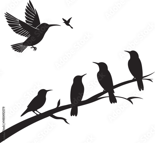 Wallpaper Mural Silhouette of Birds on Branch with One in Flight Torontodigital.ca