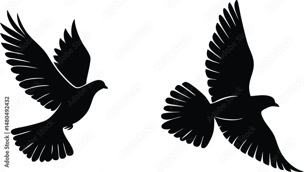 Obraz premium Two Black Silhouettes of Doves in Flight