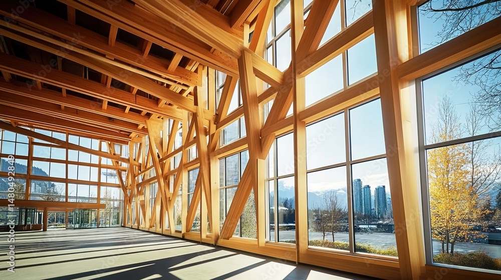 Modern Wooden Architecture with Cityscape View Modern Wooden Architecture with Cityscape View