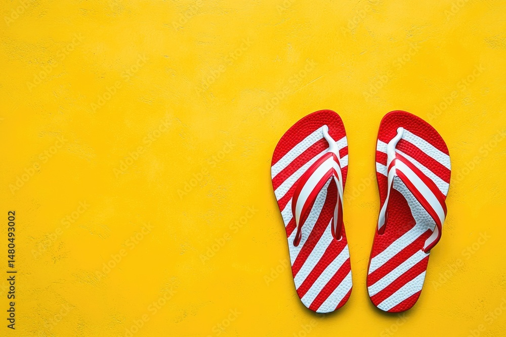 Red and white striped flip-flops on a bright yellow background. Pair of vacation sandals, top-down view Red and white striped flip-flops on a bright yellow background. Pair of vacation sandals, top-down view