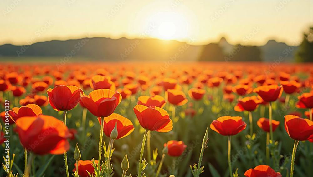 Fototapeta premium Vibrant field of red poppies basks in warm glow of setting sun, creating serene and picturesque landscape. flowers stretch towards horizon, bathed in golden light