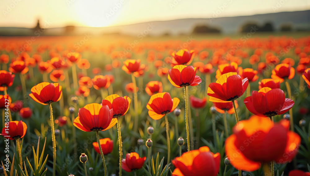 Fototapeta premium Vibrant field of red poppies basks warm glow of sunset, creating serene and picturesque landscape. flowers stand tall, their petals illuminated by golden light, evoking sense of peace and beauty