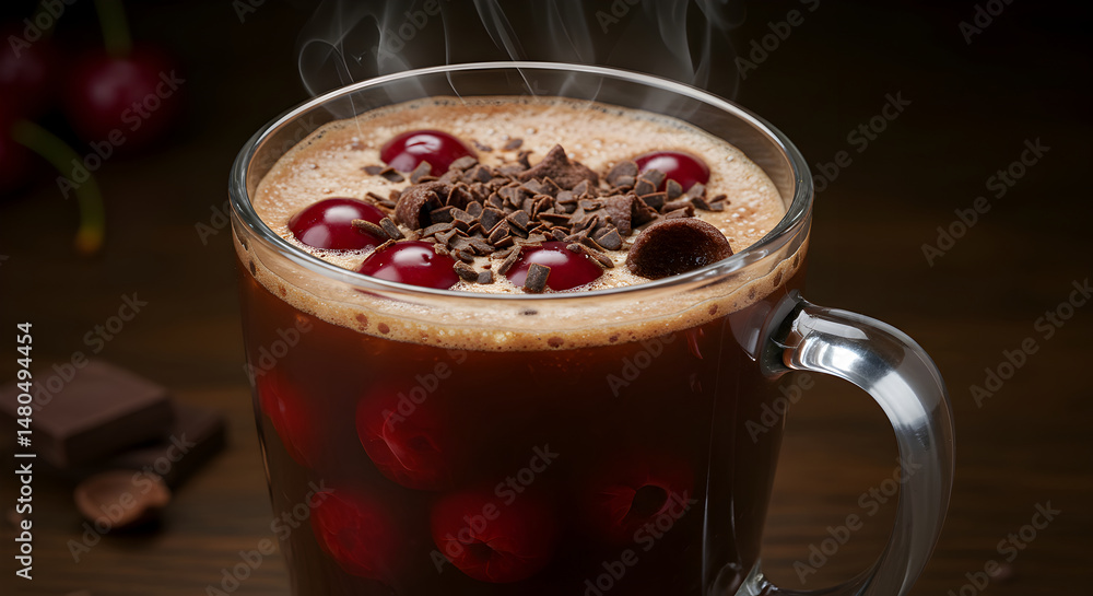 Steaming Chocolate Cherry Elixir Garnished With Chocolate Flakes And Candied Cherries Steaming Chocolate Cherry Elixir Garnished With Chocolate Flakes And Candied Cherries