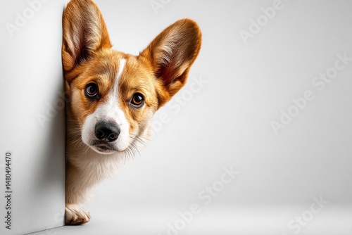 Playful peek: A charming corgi peeks around a corner, its attentive gaze drawing you into a moment of pure curiosity and endearing playfulness.– Generative AI