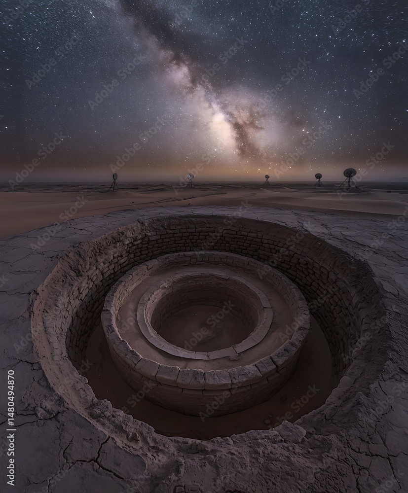 Spiral brick well under a starry Milky Way sky in a cracked dese Spiral brick well under a starry Milky Way sky in a cracked dese