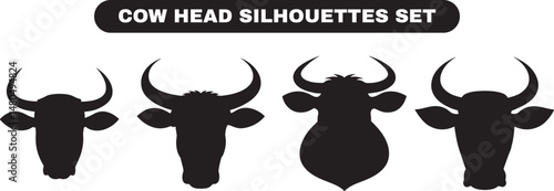 Cow Head Silhouette Set - Farm, Livestock, Agriculture, Ranch, Dairy Illustration