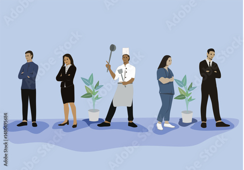 Vector illustration featuring diverse professions including business professionals in office meetings, doctors, nurses, chefs, and teachers. Scenes show different types of communication such as team d