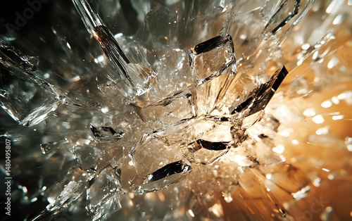 An artistic image captures the explosive moment as glass shatters. Fragments are captured in a dramatic, high-speed portrayal.