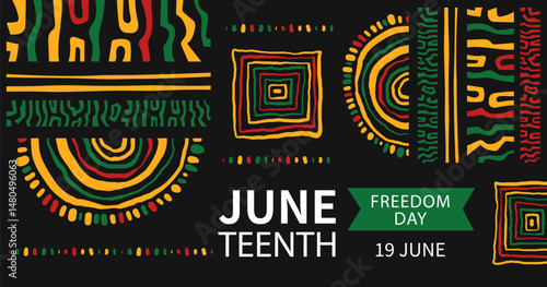 Juneteenth celebration horizontal banner template. Background with Abstract ethnic ornament. Curved stripes, circle, animalistic pattern. African-American Independence Day. Vector doodle illustration.
