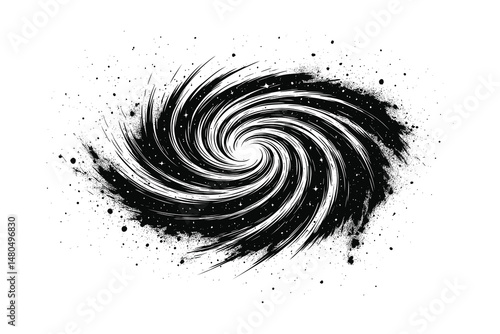 Monochrome galaxy vector. Cosmic spiral, line art black and white.
