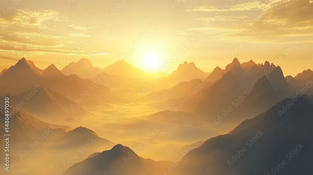 Obraz premium Sunrise over a mountain range with misty valleys