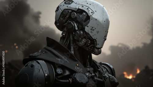 Futuristic robot with weathered metallic exterior stands against smoky, apocalyptic background, evoking sense of mystery and resilience