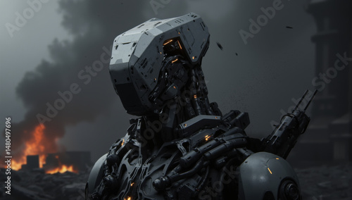 Futuristic robot stands amidst dystopian landscape, its metallic body illuminated by glowing elements. background features dark clouds and distant flames, creating dramatic and intense atmosphere