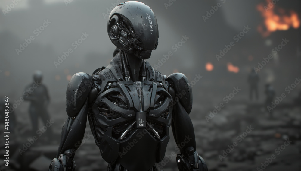 Naklejka premium Futuristic robot stands in dystopian landscape with dark, metallic design. background features other robots and fiery, desolate environment, creating sense of tension and mystery