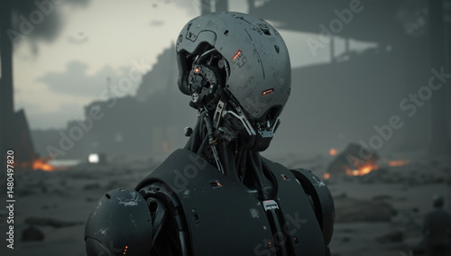 Futuristic robot stands in desolate landscape, its metallic surface reflecting dim light. background is filled with debris and smoky sky, creating dystopian atmosphere