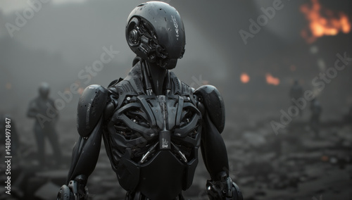 Futuristic robot stands in dystopian landscape with dark, metallic design. background features other robots and fiery, desolate environment, creating sense of tension and mystery
