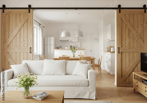 Bright living room interior with sliding barn doors and open kitchen in background