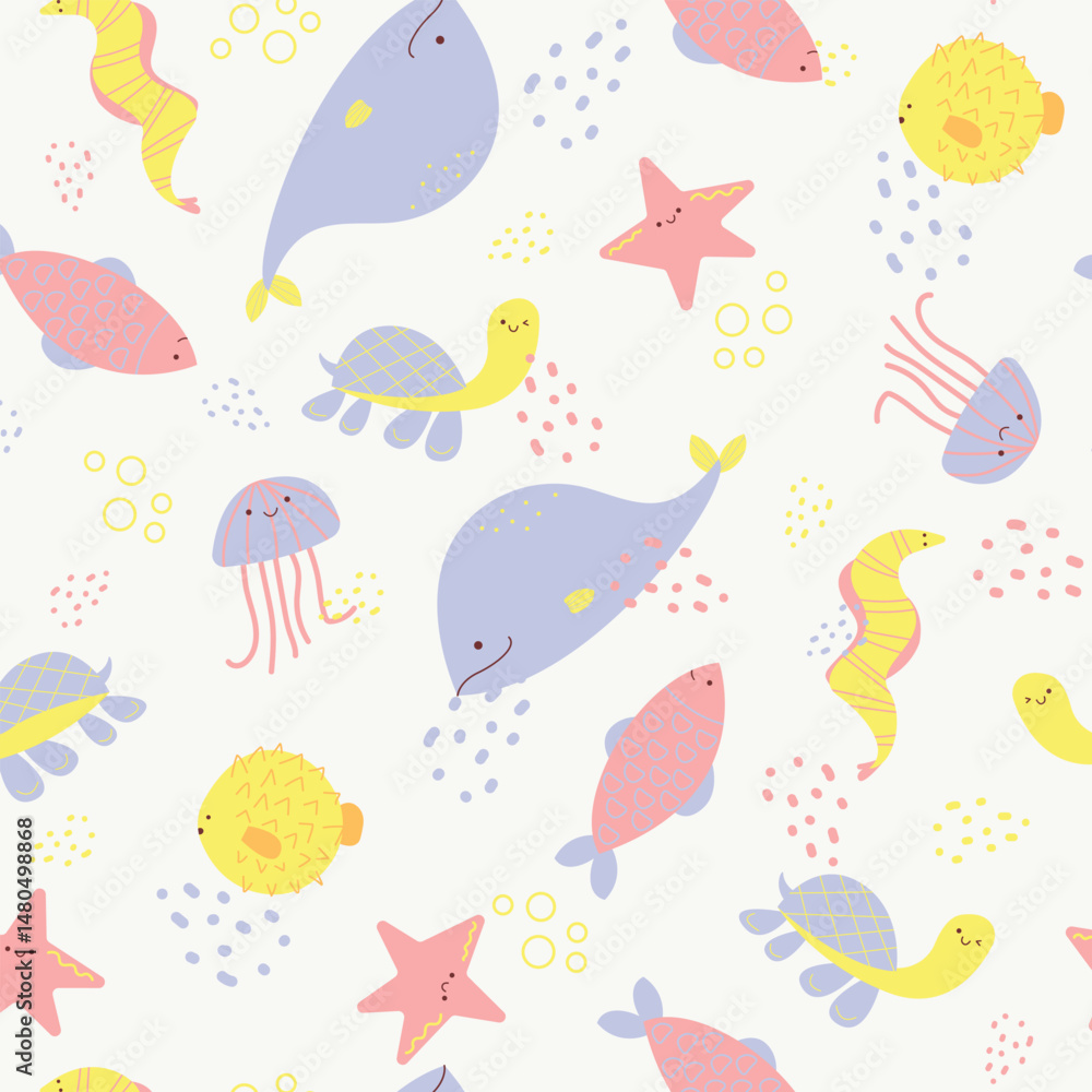 Obraz premium Vector seamless template with cute marine animals. Sea animals, ocean fish. Whale, turtle, jellyfish. Perfect for kids bedding, fabric, textiles, t-shirt wallpaper prints, wrapping paper.