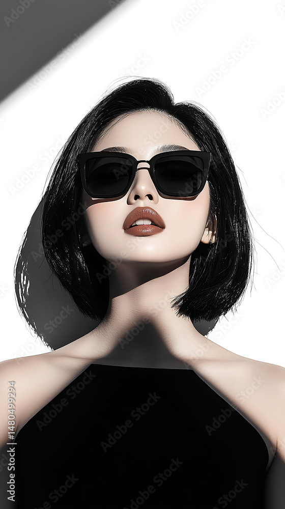 Portrait of a Woman with Black Bob Haircut Wearing Sunglasses Against White Background Portrait of a Woman with Black Bob Haircut Wearing Sunglasses Against White Background