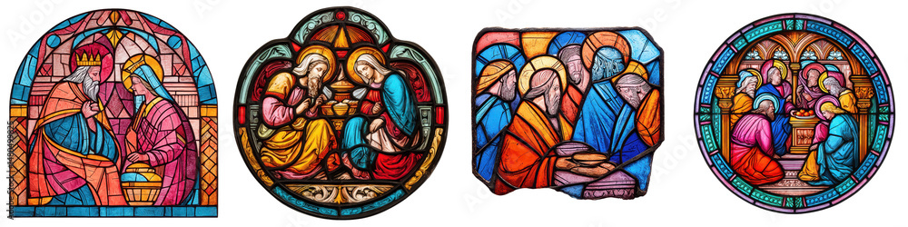 Fototapeta premium Stained glass fragment with colorful biblical scene, Concept of sacred art, storytelling, and tradition, isolated on Transparent background