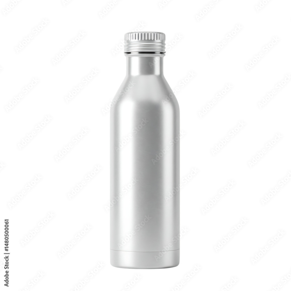 Shiny metallic bottle with a silver cap, product shot isolated on transparent background. Shiny metallic bottle with a silver cap, product shot isolated on transparent background.