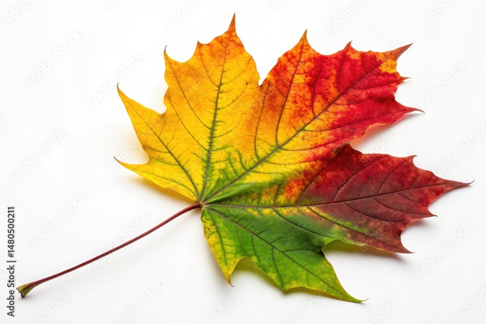 Fototapeta premium Vibrant Autumn Leaf Showcasing Vivid Red, Yellow, and Green Hues Generative AI