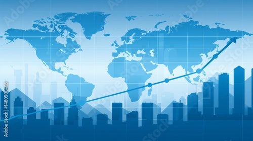 Upward arrow chart with world map and city skyline depicting real estate price growth trends