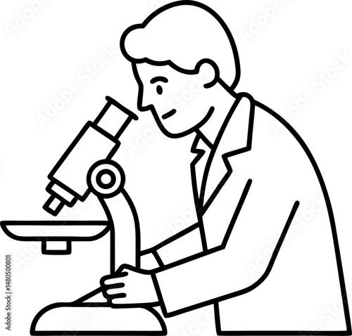 Scientist With Microscope Line Art Vector Illustration