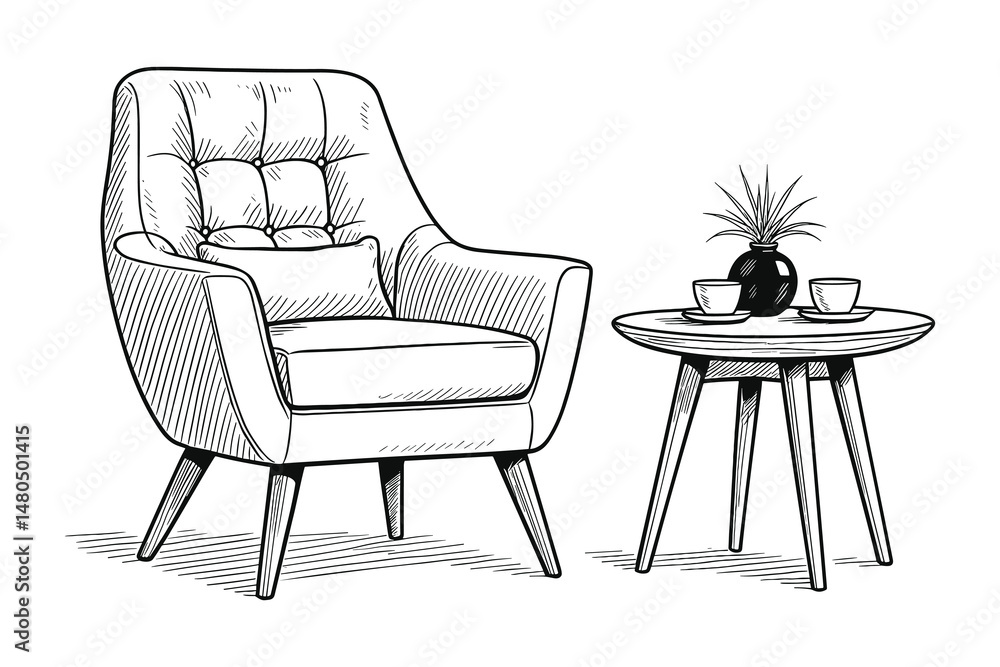 Fototapeta premium Hand drawn armchair with table and vase, sketch style vector design.