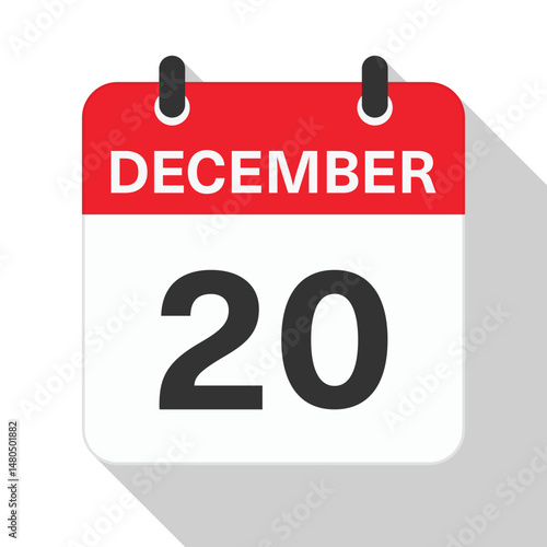 December 20 Daily Calendar. Red Theme on White Background.