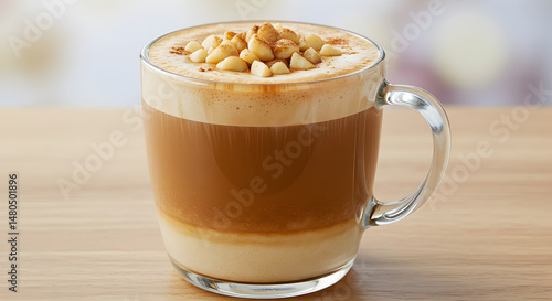 Delicious Coffee Creation Topped With Macadamia Nut Pieces In Glass Mug