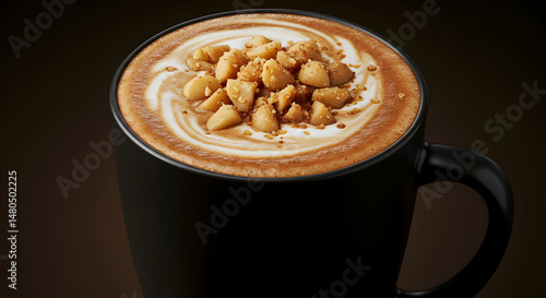 Delicious Cappuccino With Macadamia Nuts In Black Cup In Studio Shot