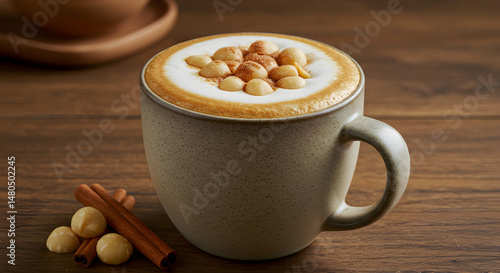 Gourmet Latte Garnished With Macadamia Nuts And Cinnamon Sticks On Wooden Table