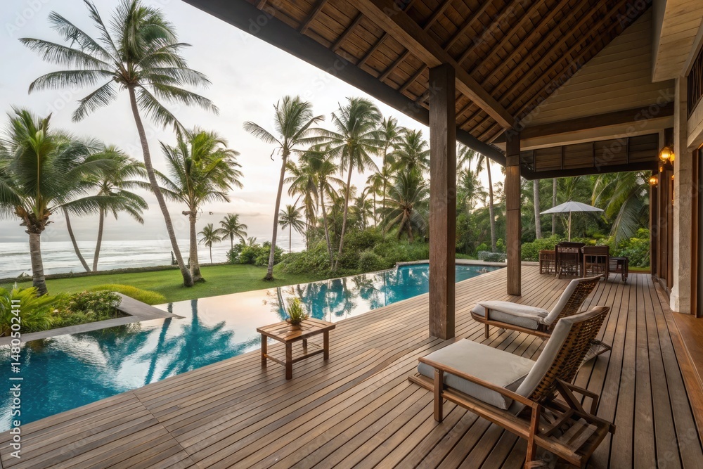 Wooden Deck Offers Stunning View of Tropical Pool and Palms Generative AI Wooden Deck Offers Stunning View of Tropical Pool and Palms Generative AI