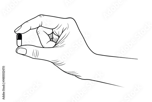 Vector illustration of hand holding capsule pill monochrome sketch