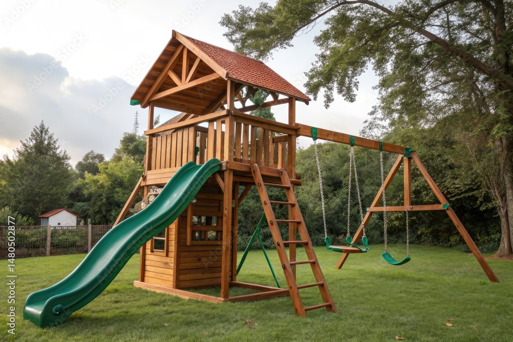 Wooden Playground Structure With a Green Slide in a Backyard Generative AI Wooden Playground Structure With a Green Slide in a Backyard Generative AI