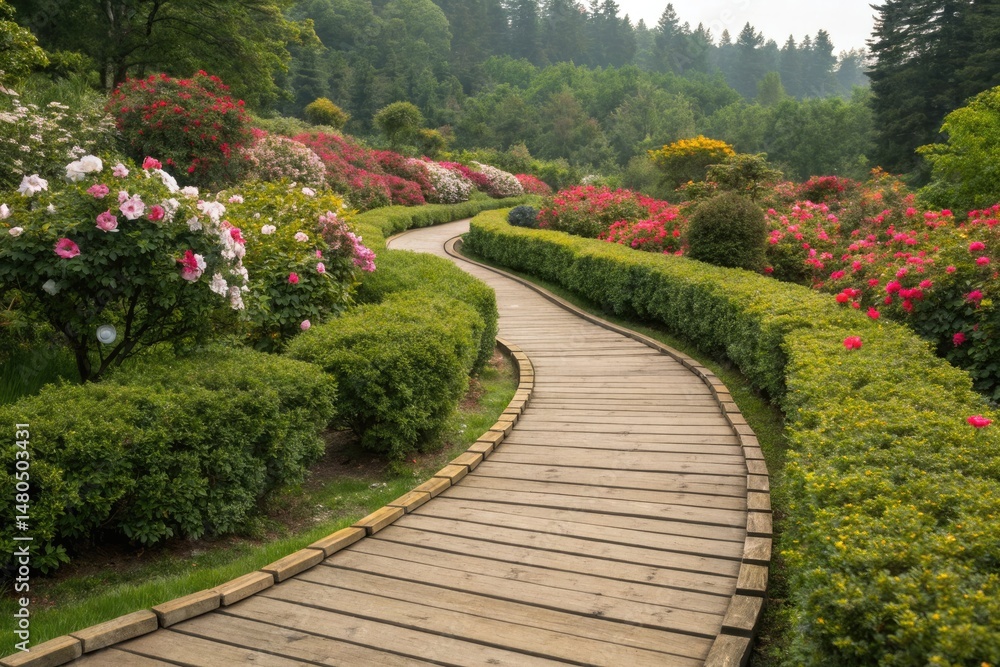 Fototapeta premium Wooden Tile Pathway Winding Through Vibrant Garden Flowers Generative AI