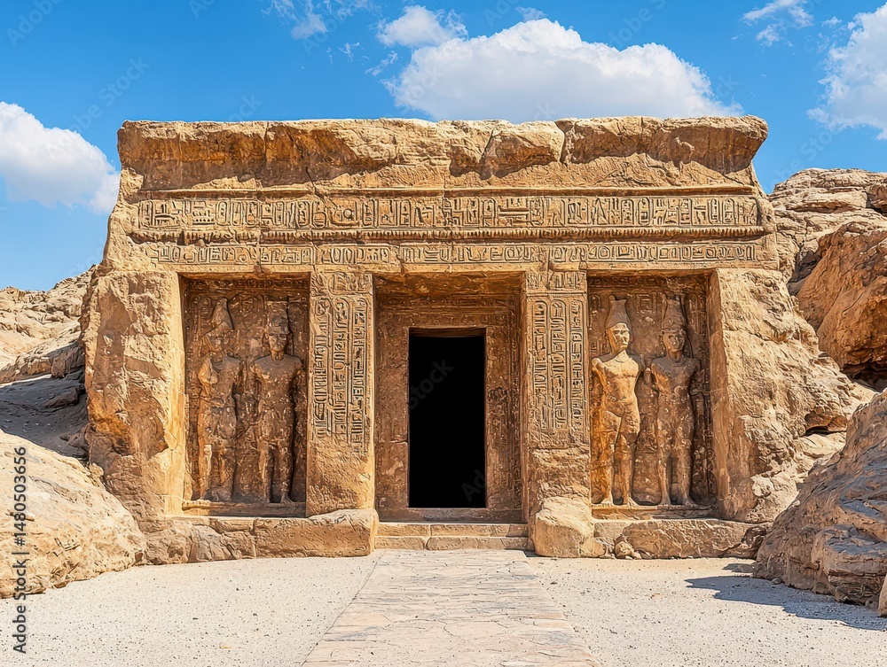 Obraz premium Ancient Stone Tomb Entrance in Sunny Desert