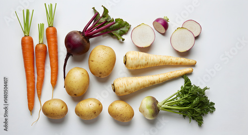 An Assortment Of Root Vegetables On A White Surface Displaying Freshness