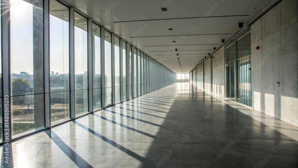 A long, narrow hallway with a concrete floor and large windows, sunlight streams in casting long shadows across the polished surface. A long, narrow hallway with a concrete floor and large windows, sunlight streams in casting long shadows across the polished surface.
